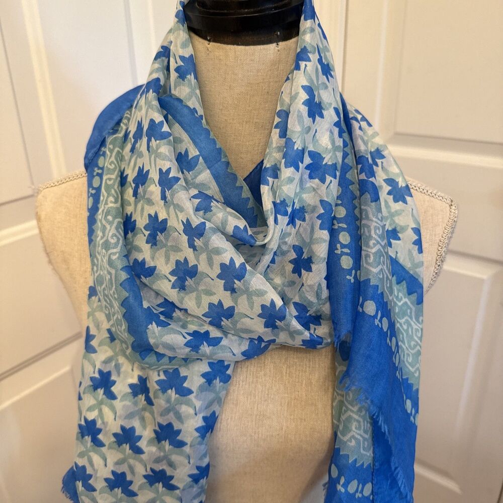 BLUE SILK SCARF Rockflowerpaper 100% Silk Long Scarf With Floral Pattern - Picture 4 of 9